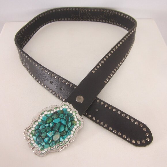 Unbranded Womens L Black Leather Turquoise Blue Chunks Rhinestone Tooled Belt
